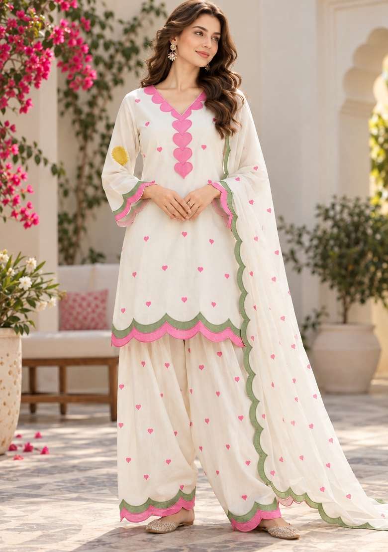 White Embroidery Chanderi Kurta Set - Indya