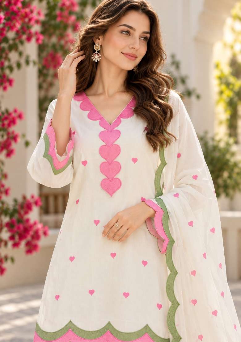 White Embroidery Chanderi Kurta Set - Indya