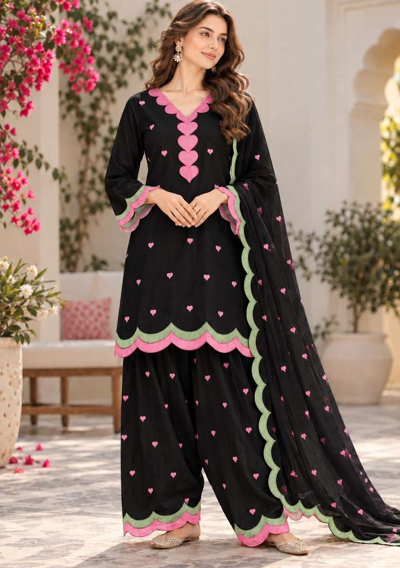 Black Embroidery Chanderi Kurta Set - Indya