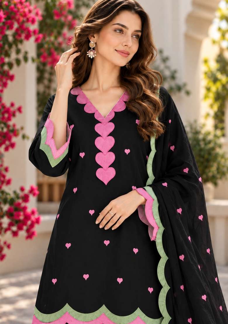 Black Embroidery Chanderi Kurta Set - Indya