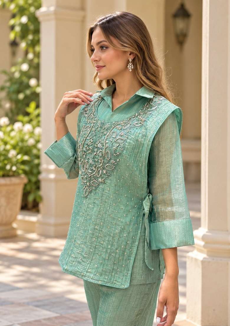 Sea Green Handmade Silk Kurta Set - Indya
