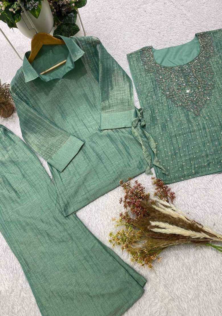 Sea Green Handmade Silk Kurta Set - Indya