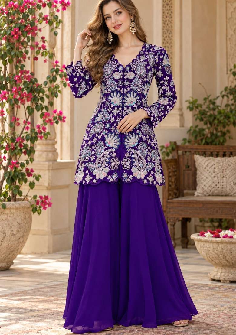 Violet Embroidery Georgette Kurta Set - Indya