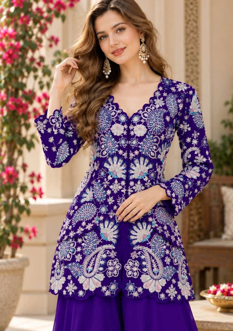 Violet Embroidery Georgette Kurta Set - Indya