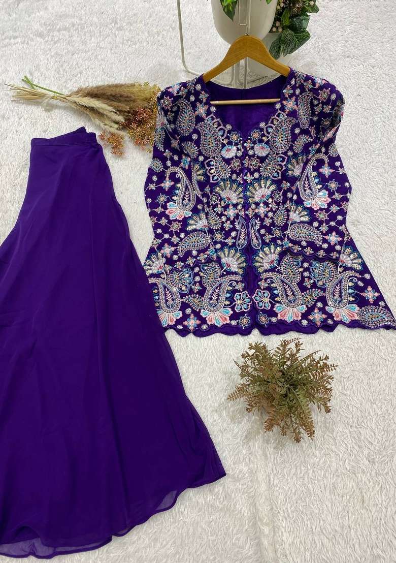 Violet Embroidery Georgette Kurta Set - Indya