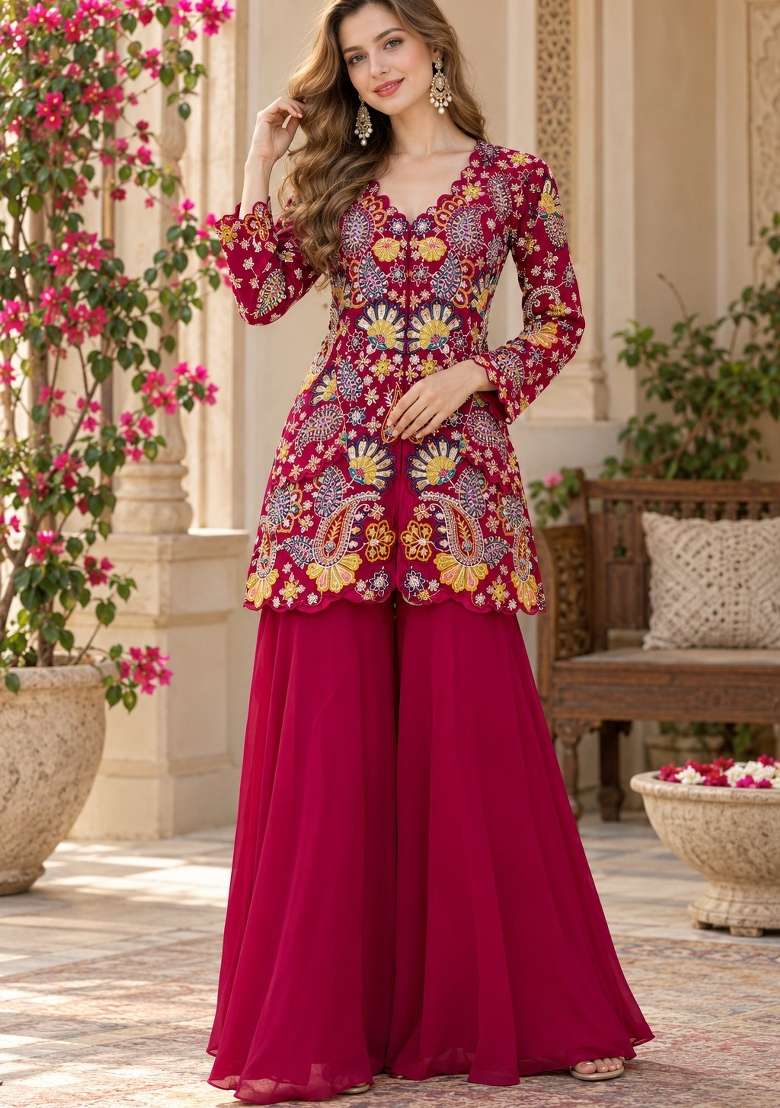 Magenta Embroidery Georgette Kurta Set - Indya