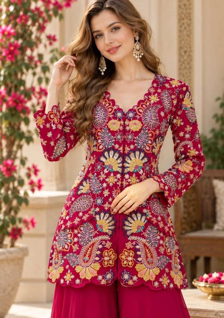 Magenta Embroidery Georgette Kurta Set - Indya