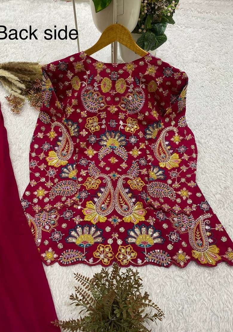 Magenta Embroidery Georgette Kurta Set - Indya