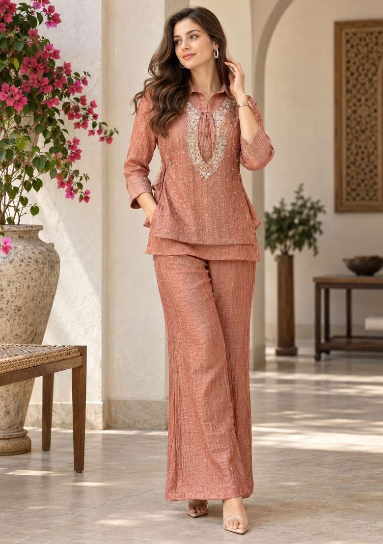 Orange Embroidery Silk Kurta Set - Indya