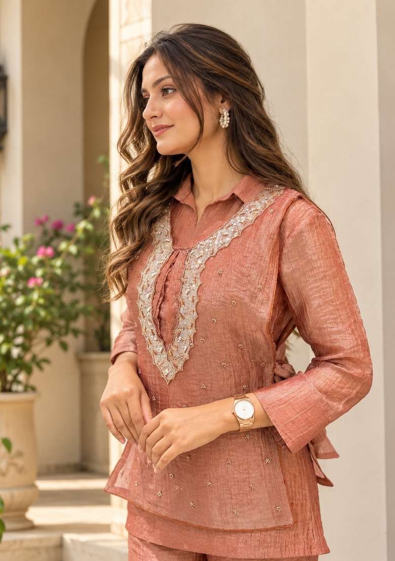 Orange Embroidery Silk Kurta Set - Indya