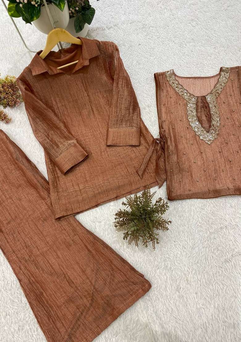 Orange Embroidery Silk Kurta Set - Indya