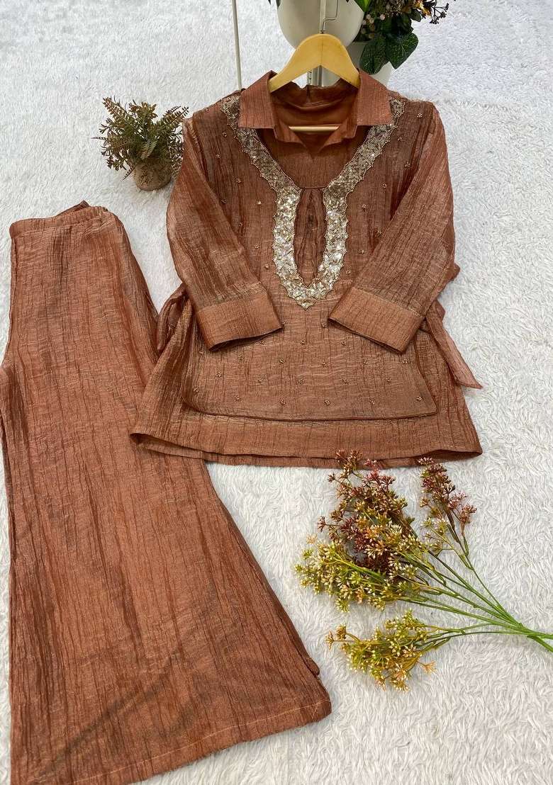 Orange Embroidery Silk Kurta Set - Indya