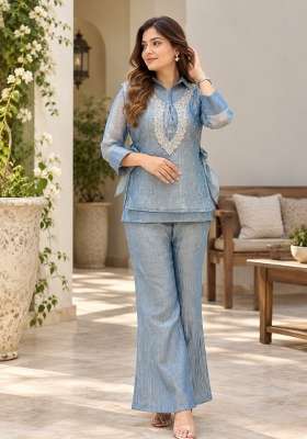 Blue Embroidery Silk Kurta Set