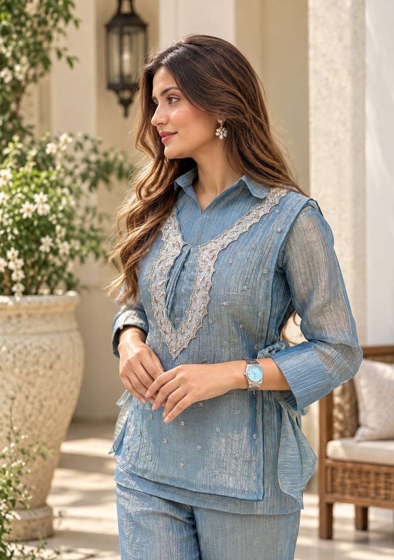 Blue Embroidery Silk Kurta Set - Indya