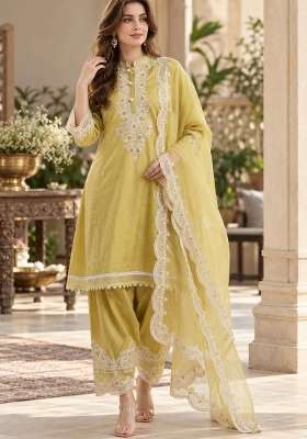 Yellow Embroidery Silk Kurta Set