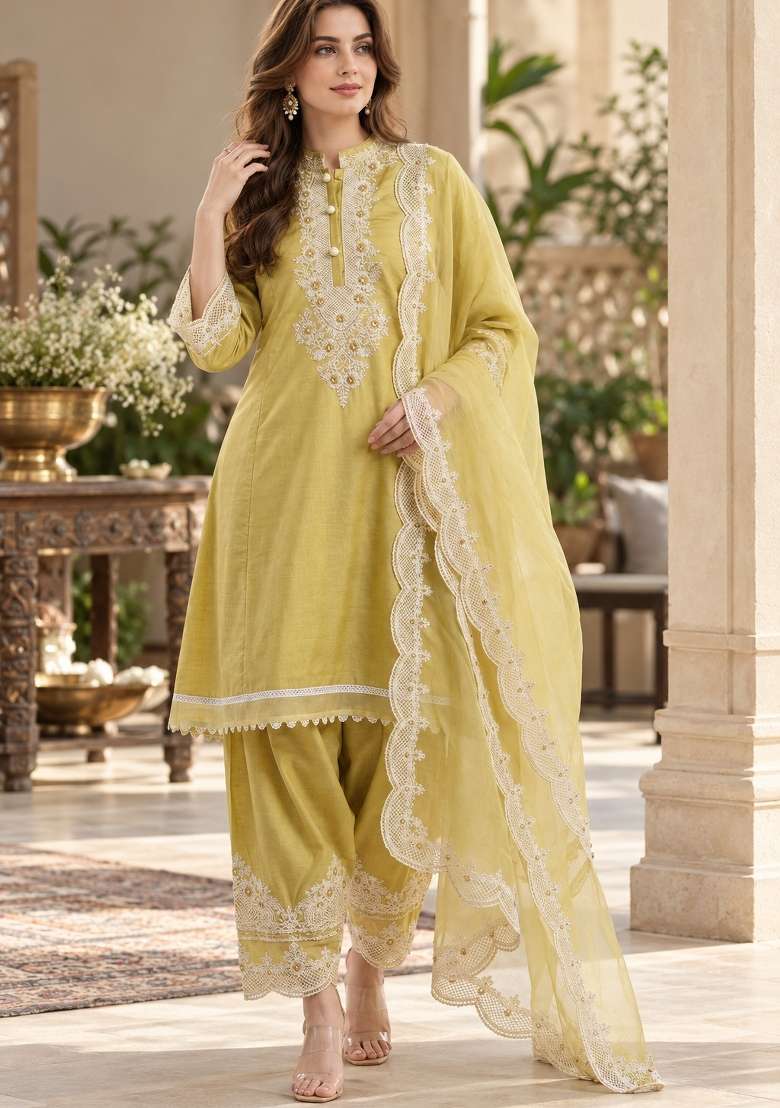 Yellow Embroidery Silk Kurta Set - Indya