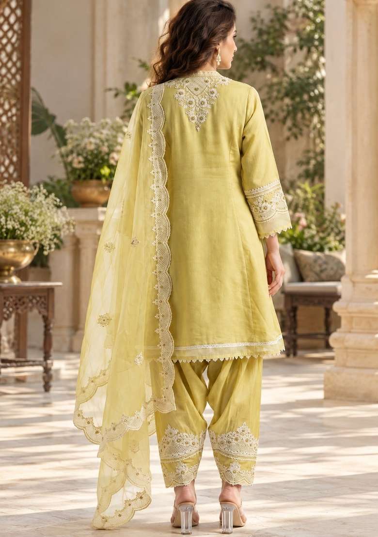 Yellow Embroidery Silk Kurta Set - Indya