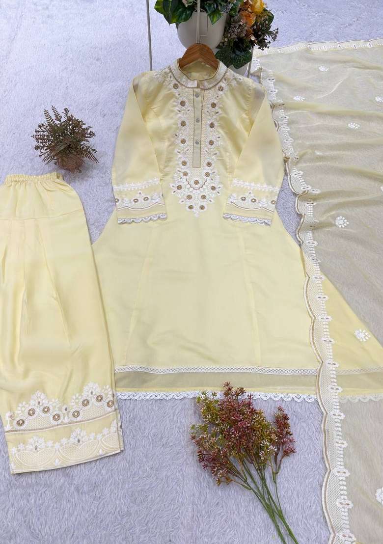 Yellow Embroidery Silk Kurta Set - Indya