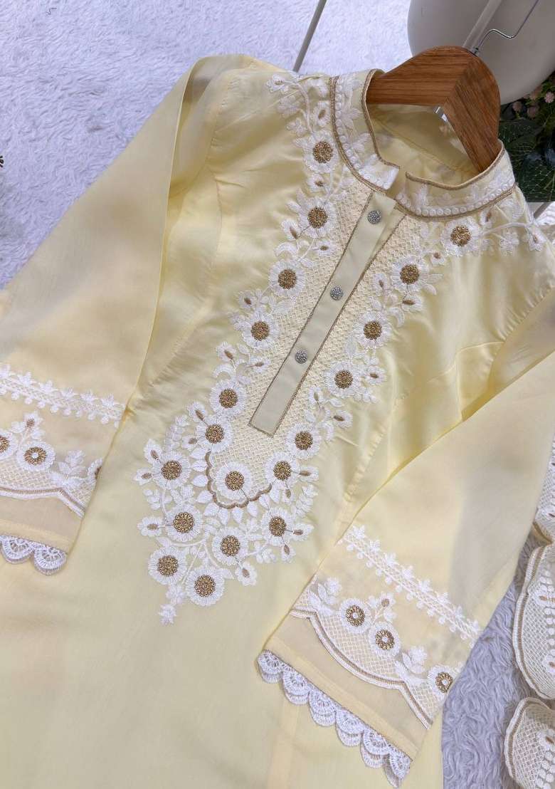 Yellow Embroidery Silk Kurta Set - Indya