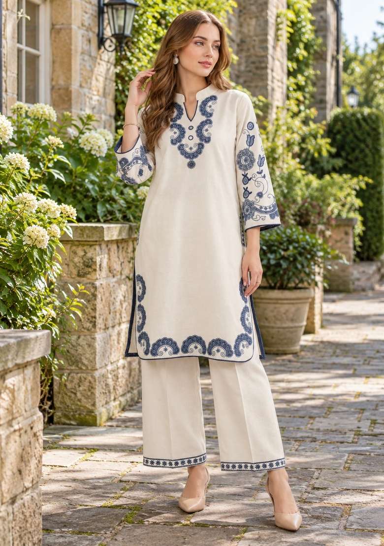 White Embroidery Cotton Kurta Set - Indya