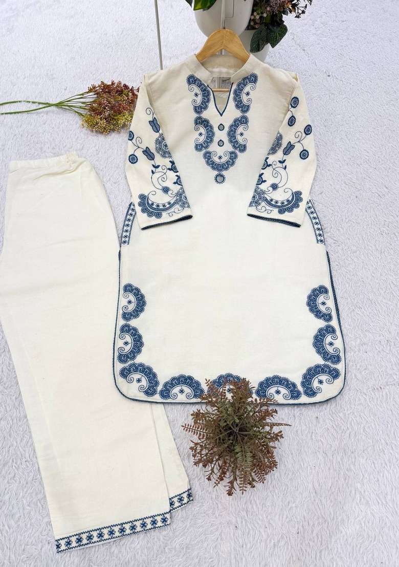 White Embroidery Cotton Kurta Set - Indya