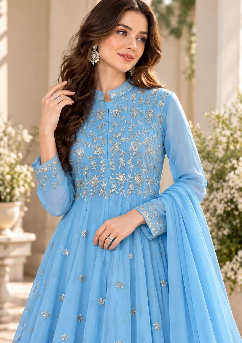 Sky Blue Embroidery Georgette Anarkali Set - Indya