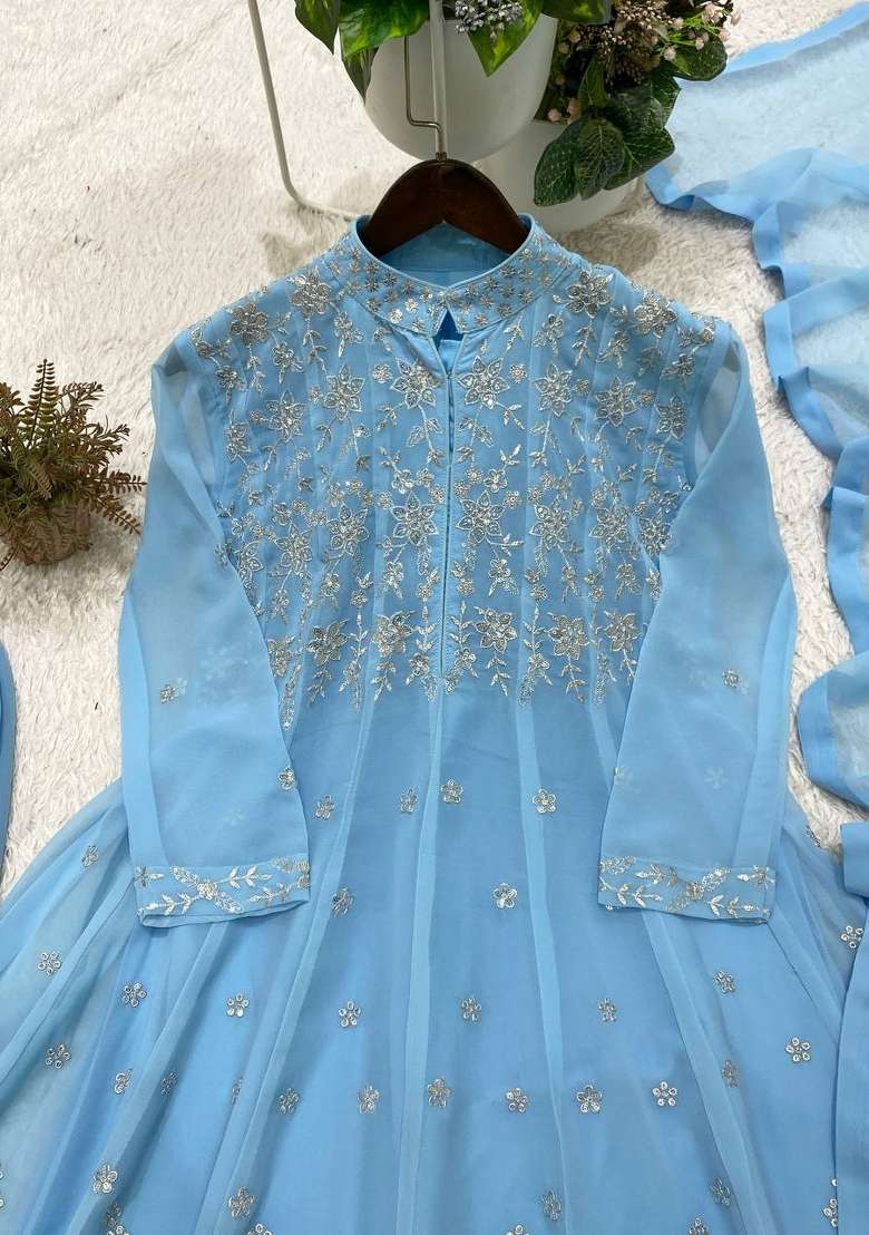 Sky Blue Embroidery Georgette Anarkali Set - Indya