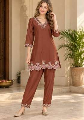 Brown Embroidery Crepe Co Ords Set