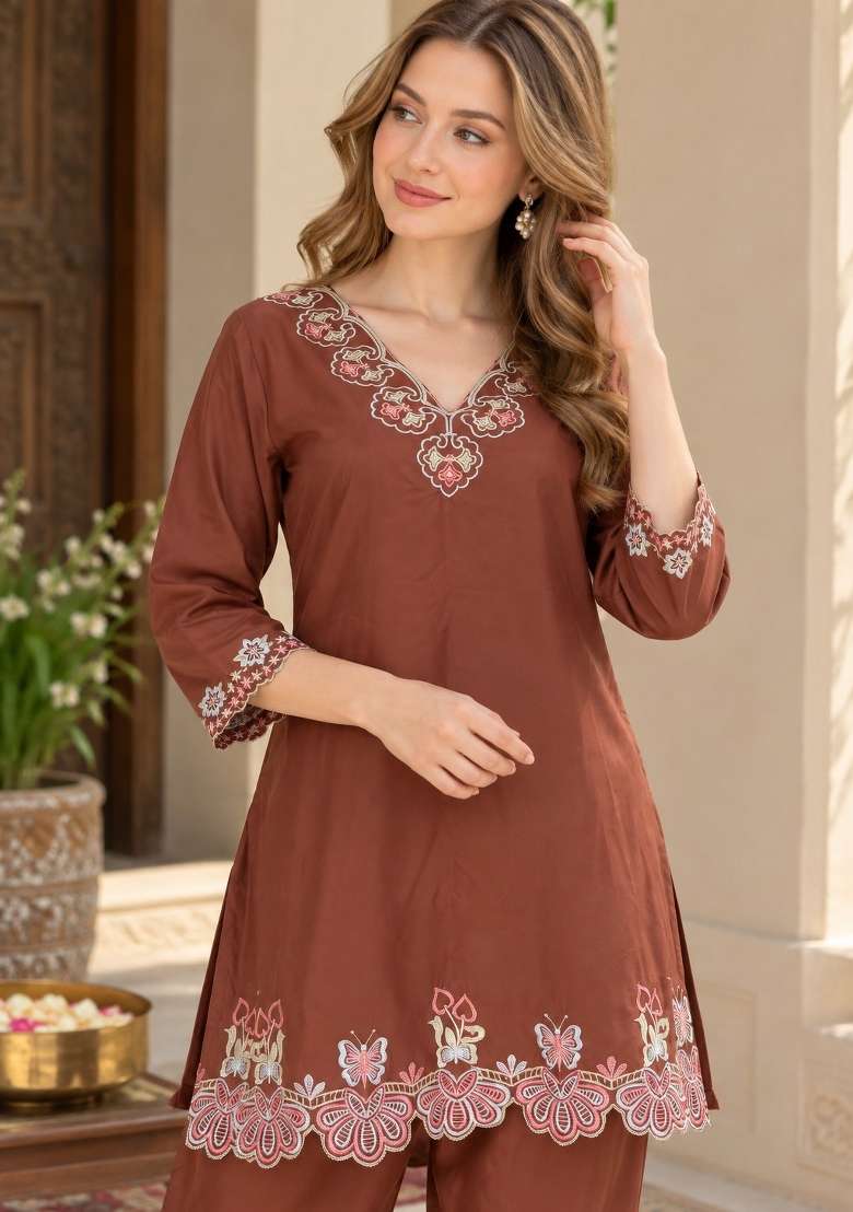 Brown Embroidery Crepe Co Ords Set - Indya