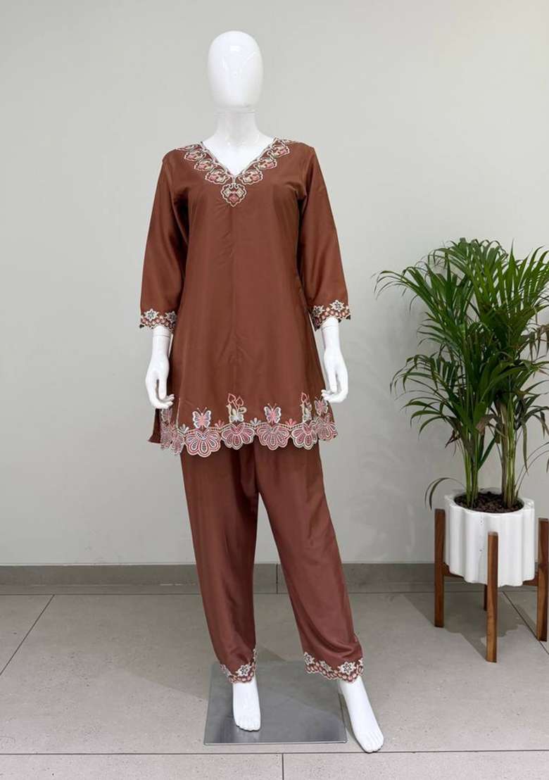 Brown Embroidery Crepe Co Ords Set - Indya