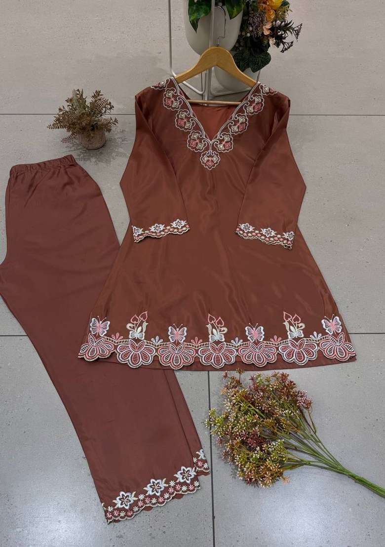 Brown Embroidery Crepe Co Ords Set - Indya