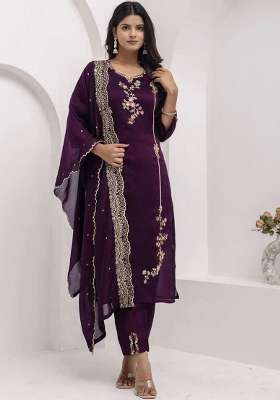 Purple Embroidery Silk Kurta Set
