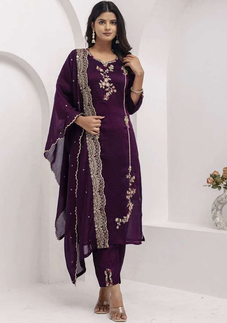Purple Embroidery Silk Kurta Set - Indya