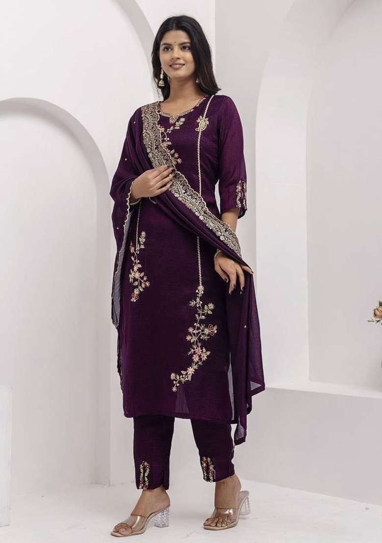 Purple Embroidery Silk Kurta Set - Indya
