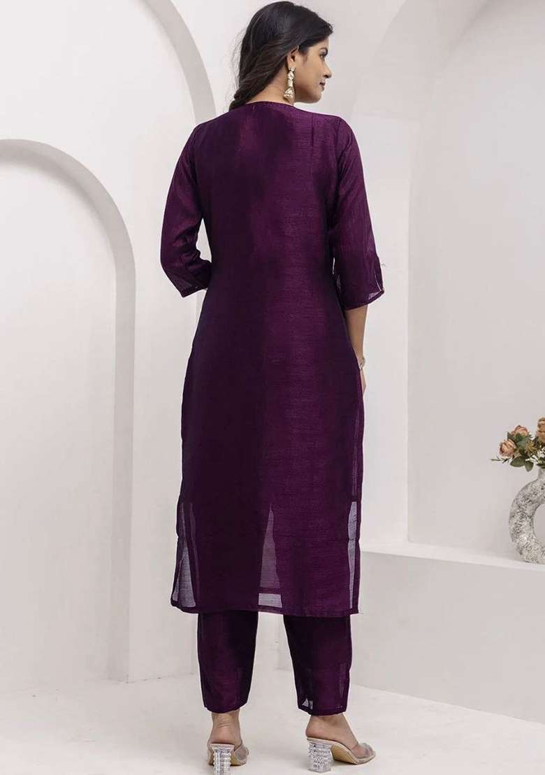 Purple Embroidery Silk Kurta Set - Indya