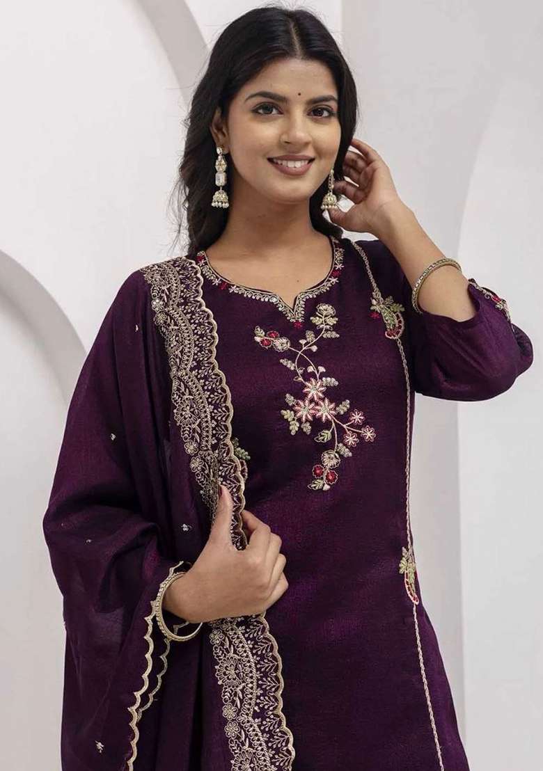 Purple Embroidery Silk Kurta Set - Indya