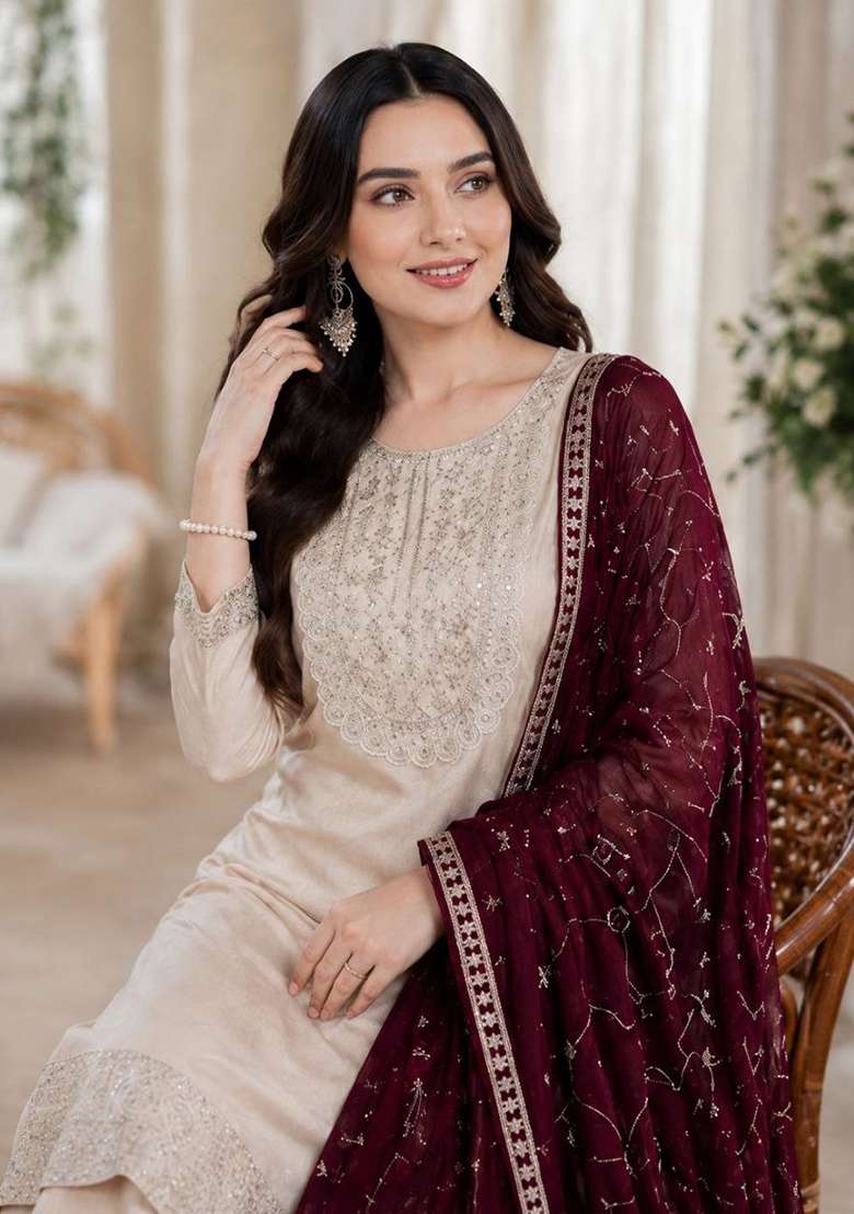 Cream Embroidery Silk Kurta Set - Indya