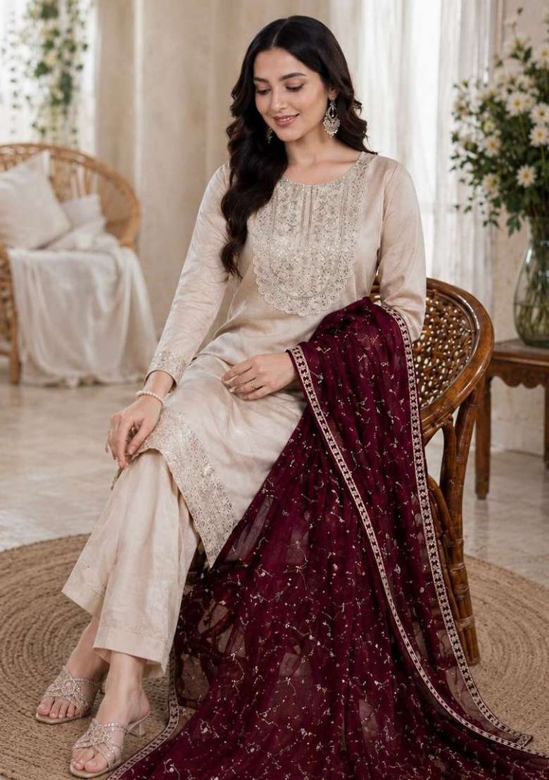 Cream Embroidery Silk Kurta Set - Indya
