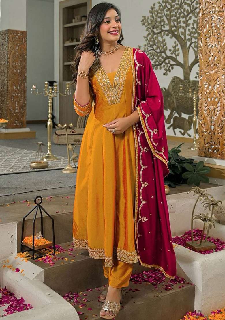 Yellow Embroidery Silk Kurta Set - Indya