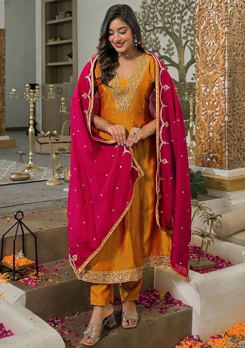 Yellow Embroidery Silk Kurta Set - Indya