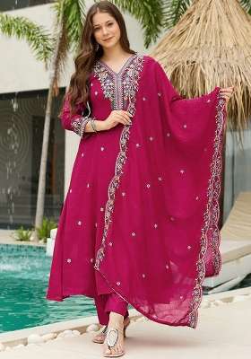 Magenta Embroidery Silk Kurta Set