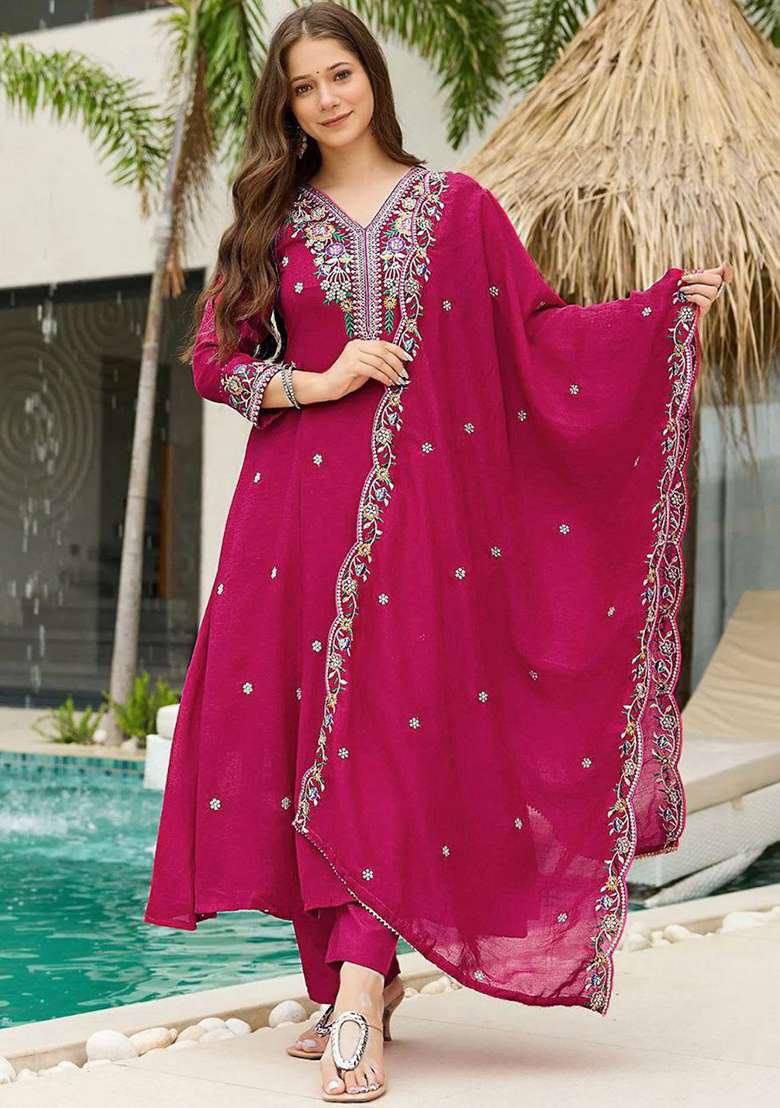 Magenta Embroidery Silk Kurta Set - Indya