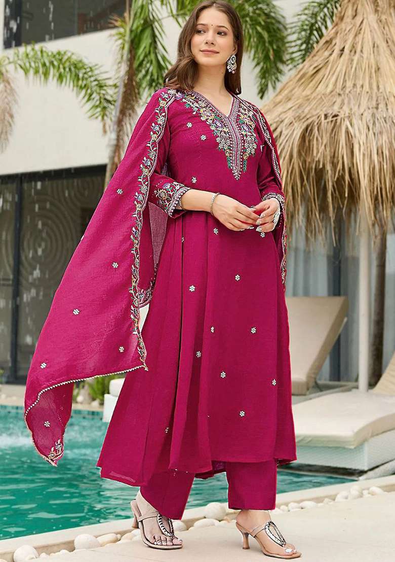 Magenta Embroidery Silk Kurta Set - Indya