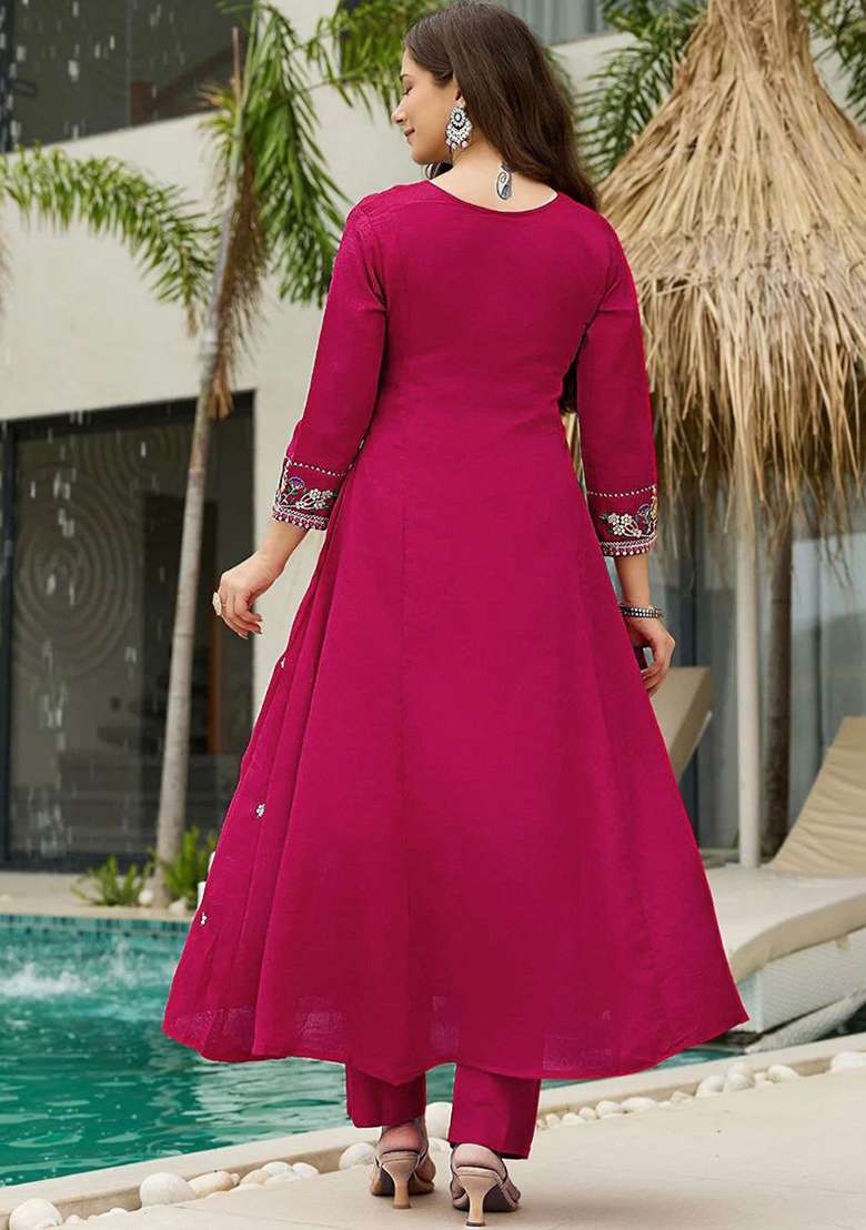 Magenta Embroidery Silk Kurta Set - Indya