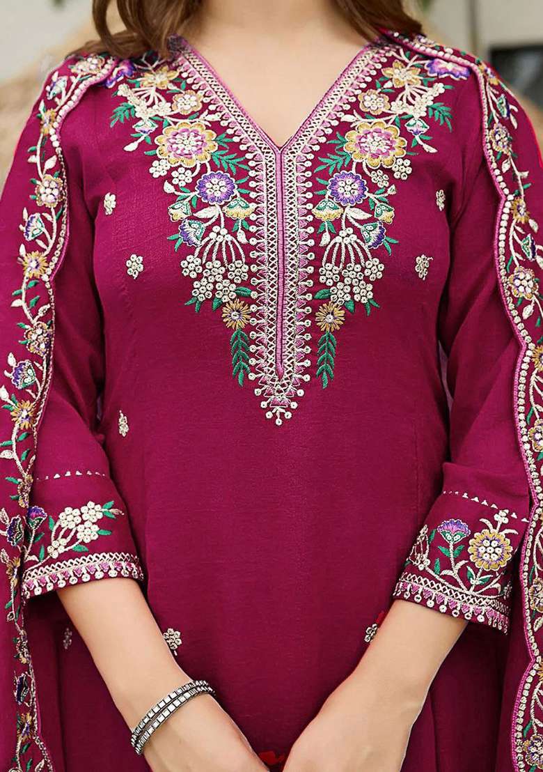 Magenta Embroidery Silk Kurta Set - Indya
