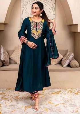 Teal Green Embroidery Silk Kurta Set