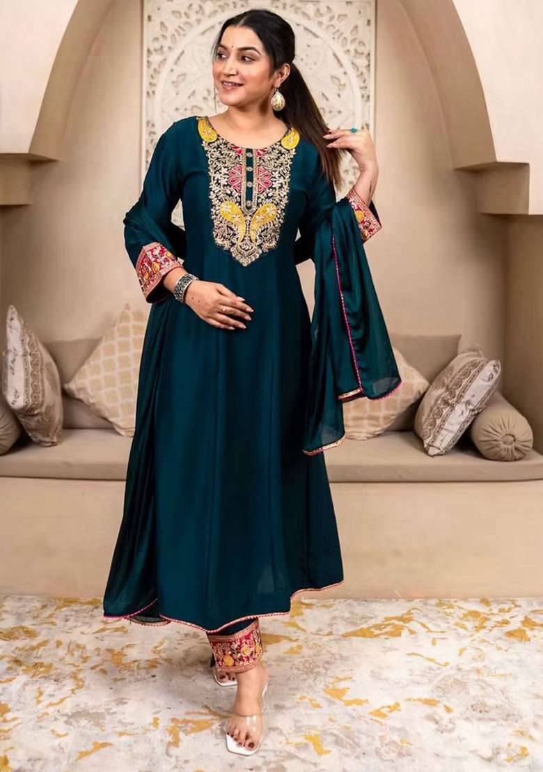 Teal Green Embroidery Silk Kurta Set - Indya