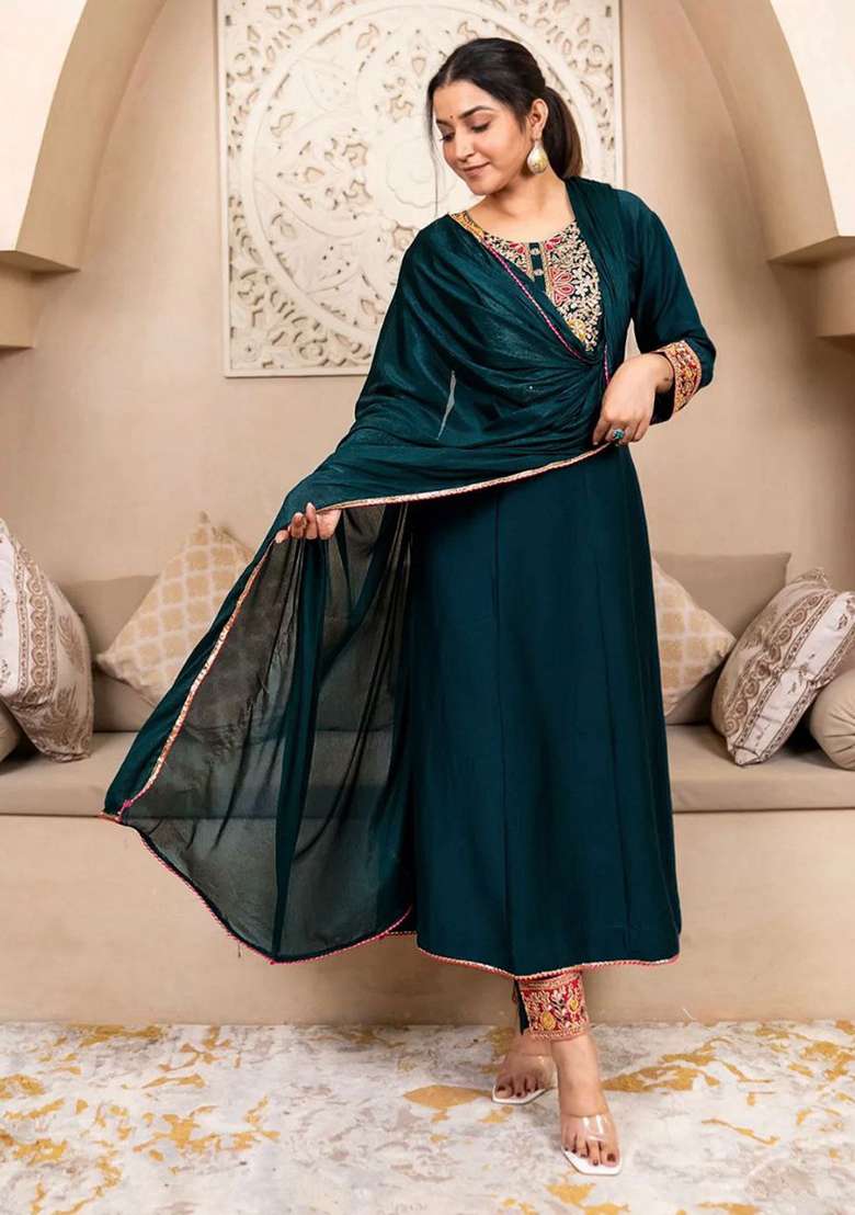 Teal Green Embroidery Silk Kurta Set - Indya