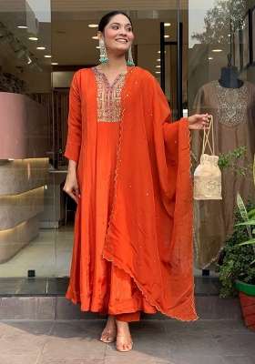 Rust Orange Embroidery Silk Kurta Set