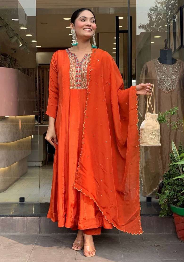 Rust Orange Embroidery Silk Kurta Set - Indya
